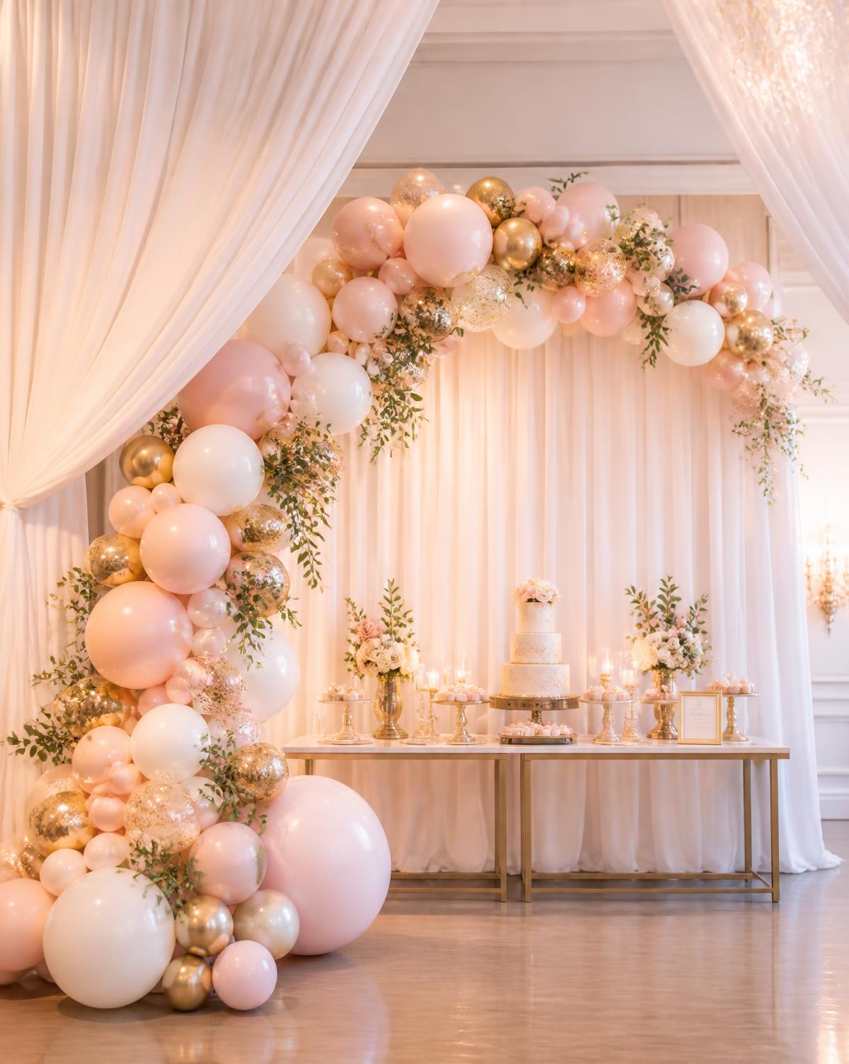 Blush and gold balloon garland framing an elegant dessert table